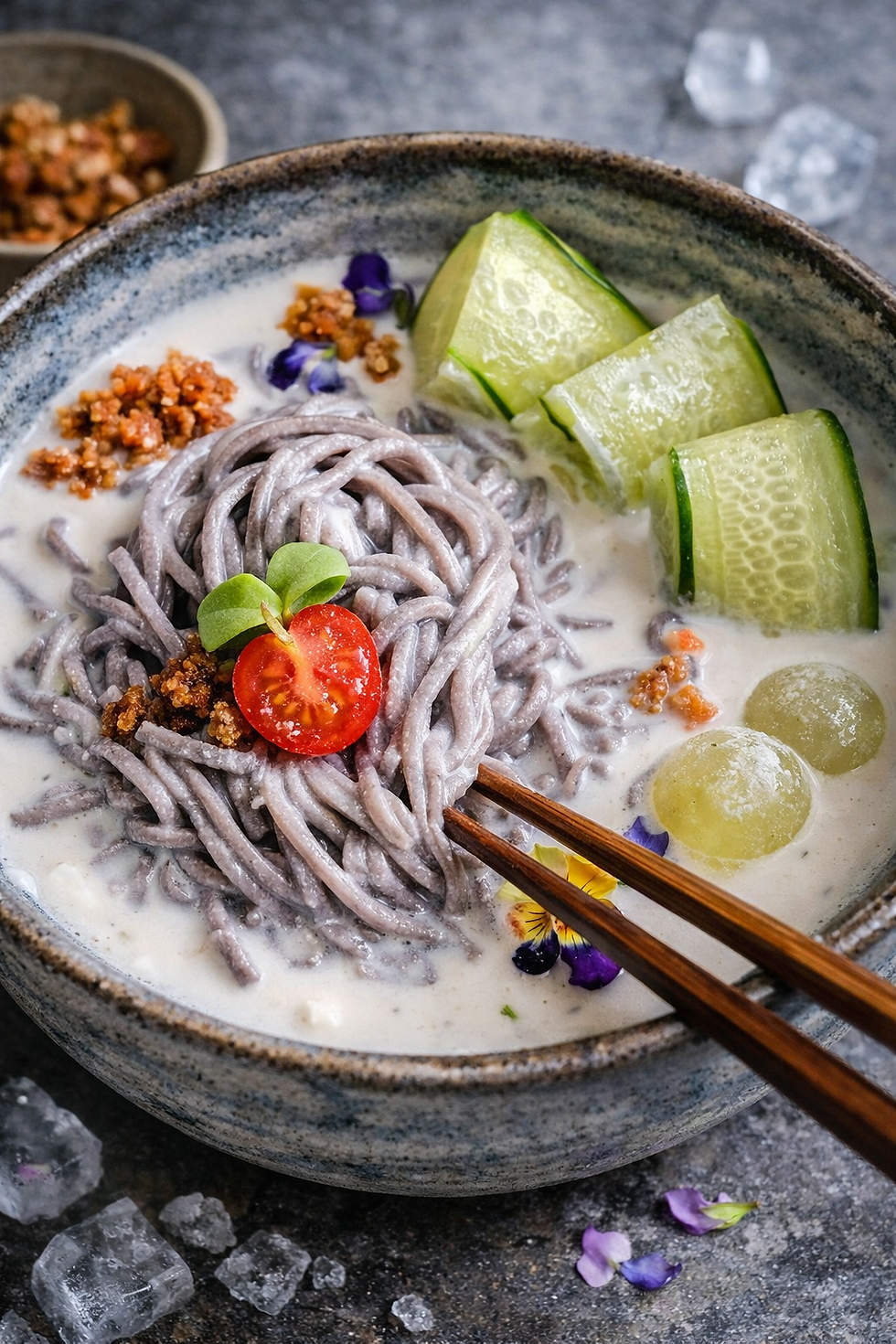 Ultra-realistic close-up of cold soy milk noodles in a textured ceramic bowl, topped with cucumber, cherry tomato, crunchy garnish, and pale green fruit in a cool editorial-style setting.