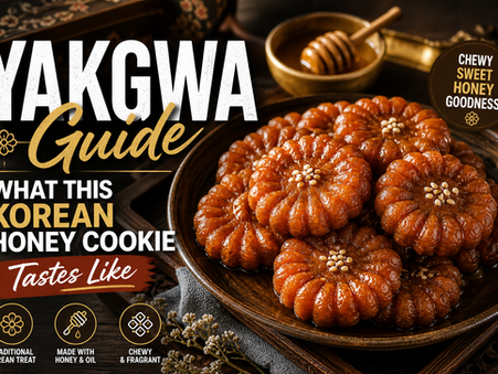 Premium Yakgwa Guide thumbnail featuring glossy flower-shaped Korean honey cookies on a dark ceramic plate with honey, sesame seeds, warm tea styling, and bold “Yakgwa Guide” title text.