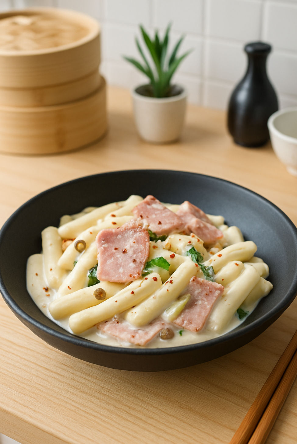Black bowl of creamy milk tteokbokki with bacon slices, spinach, and a sprinkle of red pepper flakes on a wooden table.