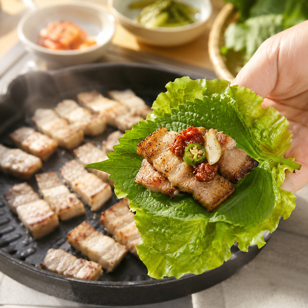 Square morning-style image of a samgyeopsal lettuce and perilla wrap filled with grilled pork belly, ssamjang, garlic, and green chili, with more pork belly cooking in the background.