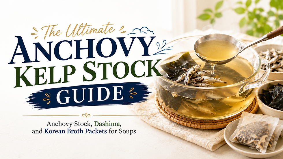 Wide landscape thumbnail titled “The Ultimate Anchovy Kelp Stock Guide,” showing a bright, premium Korean broth setup with a glass pot of golden anchovy-kelp stock, a ladle lifting clear broth, dried anchovies, dashima kelp sheets, and Korean broth packets. The clean cream kitchen background and elegant navy-green-gold typography create a polished guide-style image for making Korean soup stock.