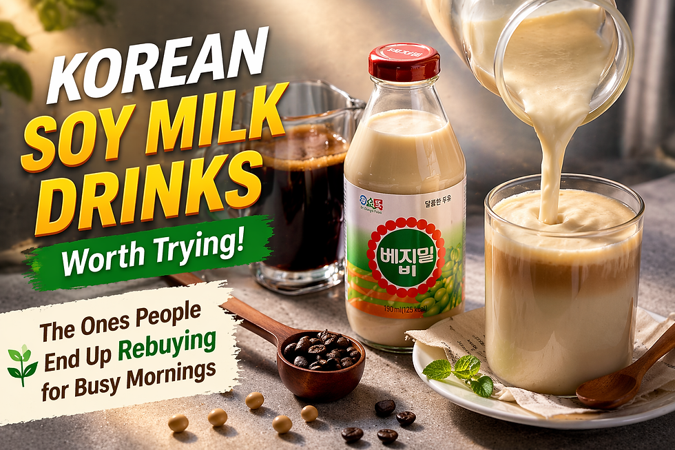 Premium blog thumbnail showing a Korean soy milk drink Vegemil B being poured into a glass beside a soy milk bottle, with a glass of black coffee, coffee beans, and wooden spoons on a styled tabletop. Large headline text reads “Korean Soy Milk Drinks Worth Trying,” with smaller text: “The Ones People End Up Rebuying for Busy Mornings.”