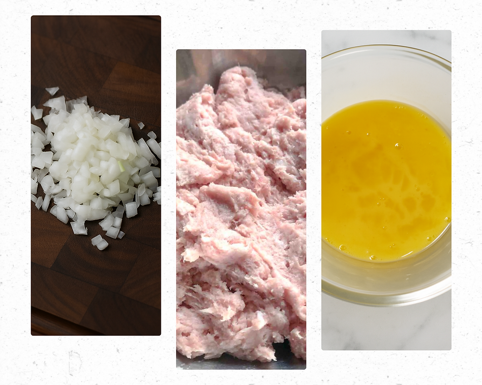 Chopped onion, mashed Spam, and beaten egg in separate containers for making Korean rice balls.