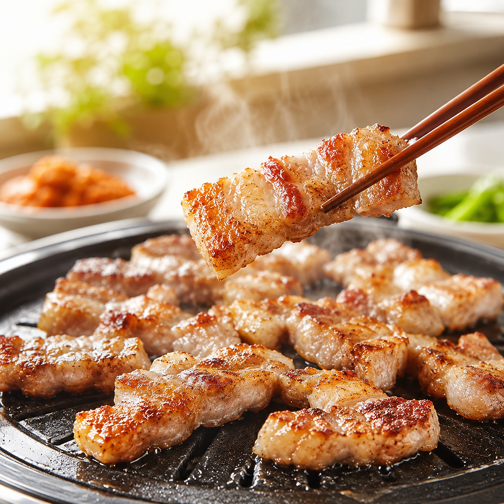 Square morning-style image of crispy Korean pork belly pieces sizzling on a grill pan, with chopsticks lifting one browned piece and steam rising in soft sunlight.
