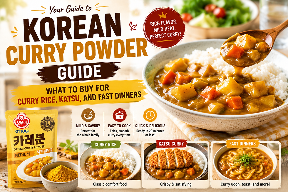 Wide landscape infographic-style thumbnail titled “Korean Curry Powder Guide,” showing Korean curry rice with glossy golden curry sauce, rice, vegetables, and guide panels for curry rice, katsu, and fast dinners. The image includes curry powder packaging, a bowl of yellow curry powder, and bold commercial text about what to buy.
