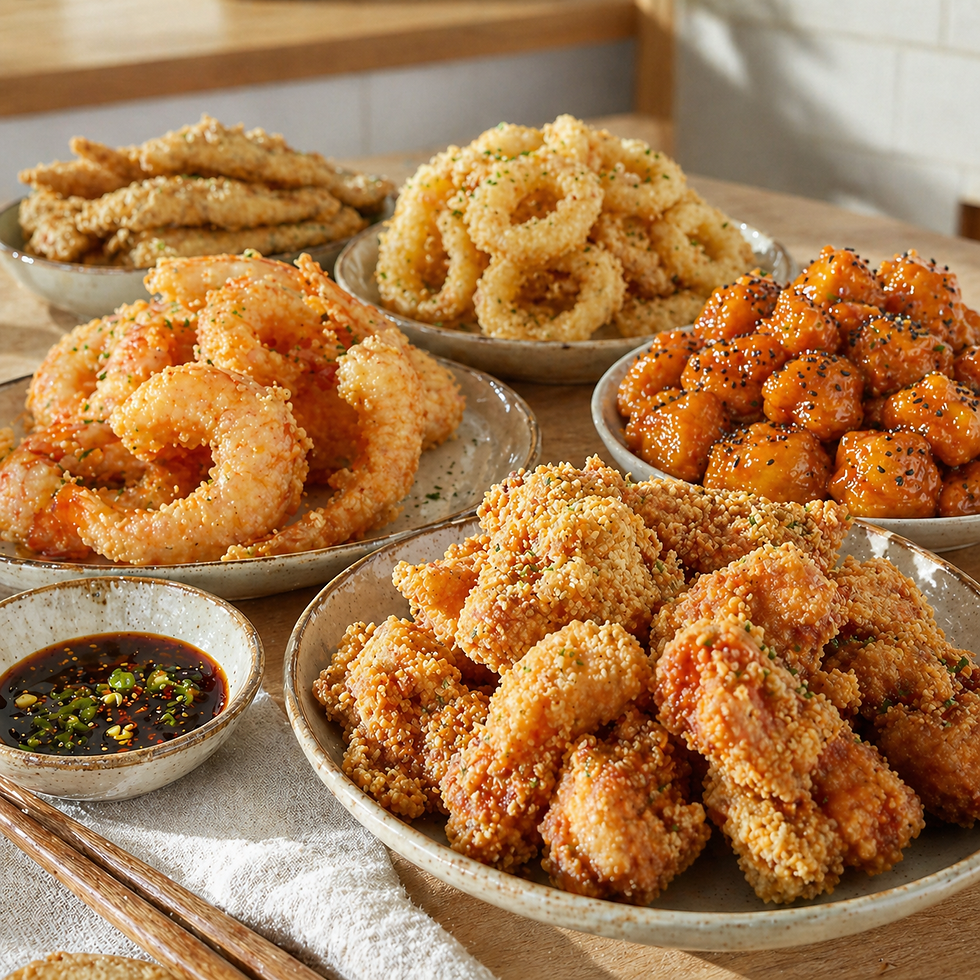 Square food photo showing a bright Korean kitchen table with assorted lightly fried foods, including shrimp, squid rings, pork strips, and glossy sauced bites, highlighting potato starch’s thinner, cleaner, crisp coating.