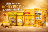 Best Korean honey butter snacks display featuring HBAF honey butter almonds, honey butter cashews, Haitai honey butter chips, and Ashley honey butter potato chips with golden honey drizzle and warm background.