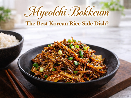 Luxury MyFreshDash thumbnail featuring a black bowl of glossy myeolchi bokkeum topped with sesame seeds and green onions, paired with white rice in a bright modern kitchen setting, with elegant title text reading “Myeolchi Bokkeum: The Best Korean Rice Side Dish?”