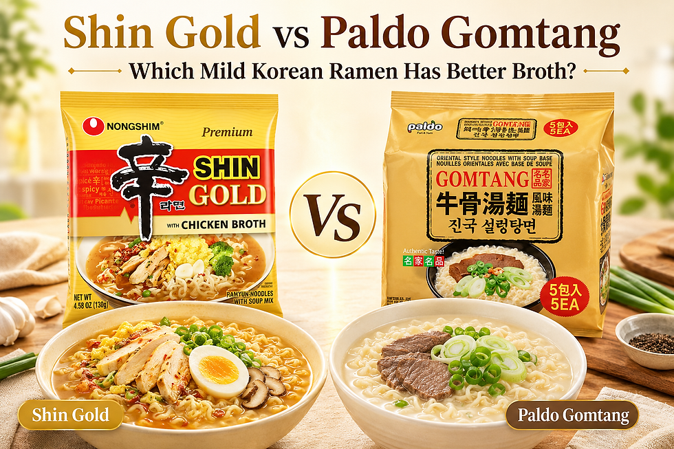 Bright comparison thumbnail showing Shin Gold and Paldo Gomtang ramen side by side, with upright gold packaging, two prepared bowls of mild broth ramen, and headline text reading “Shin Gold vs Paldo Gomtang: Which Mild Korean Ramen Has Better Broth?”