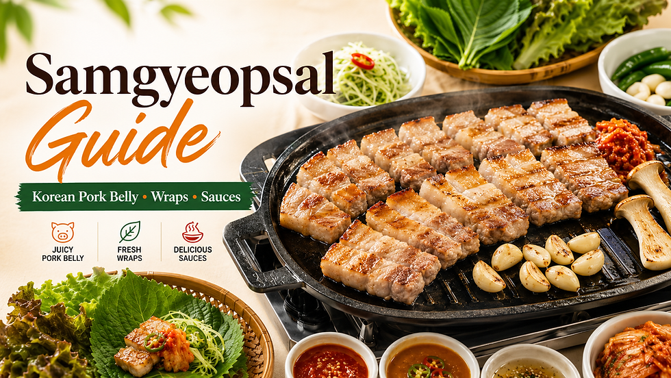 “Grilled samgyeopsal Korean pork belly on a tabletop grill with lettuce wraps, ssamjang, kimchi, garlic, and sauces for a home Korean BBQ guide.”