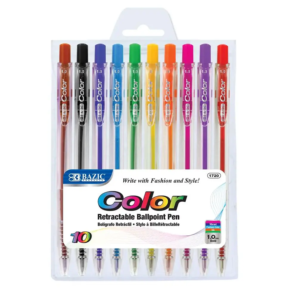 BAZIC 10 Color Retractable Pen – 10 Pack