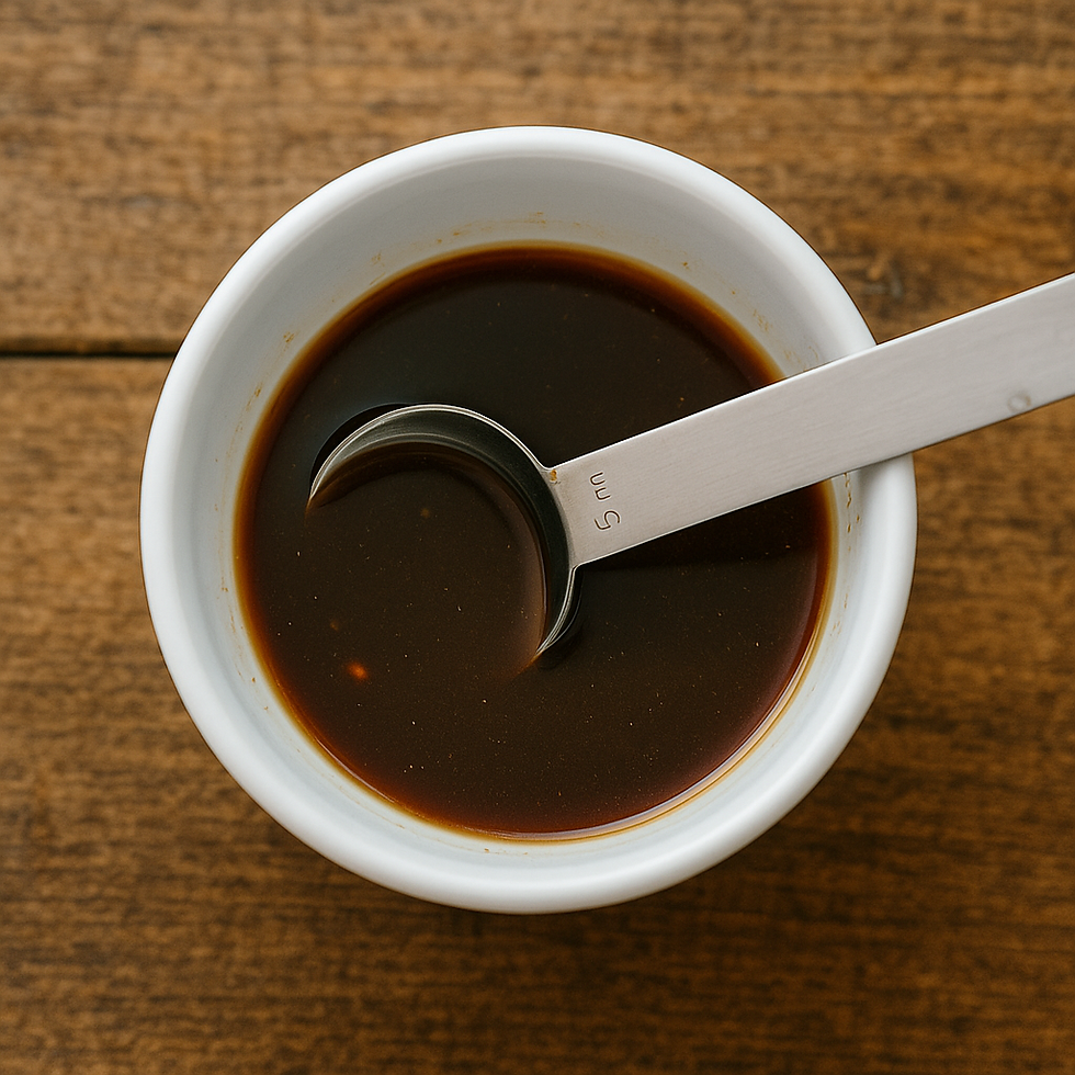 Small white ramekin of dark dipping sauce with a metal measuring spoon, on a warm wooden tabletop.