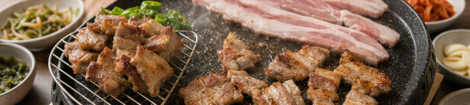 Cooked pork belly pieces kept warm on the side of the grill while more pork belly continues cooking.