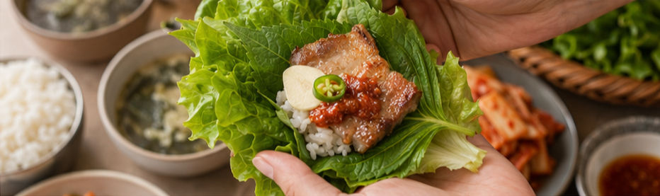 Finished samgyeopsal lettuce wrap with crispy pork belly, rice, ssamjang, garlic, green chili, and kimchi held over a Korean BBQ table.