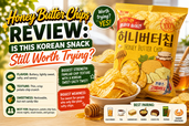 Bright commercial thumbnail for “Honey Butter Chips Review,” featuring a yellow Honey Butter Chip bag, crispy potato chips in a bowl, honey, butter, and bold text asking whether the Korean sweet-salty snack is still worth trying.