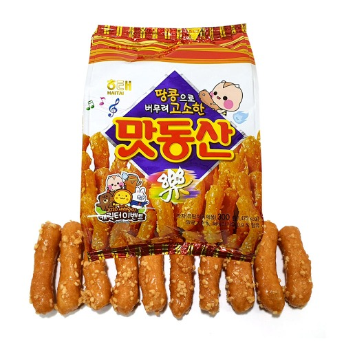Haitai Matdongsan honey-peanut glazed ridged sticks with snack bag displayed.