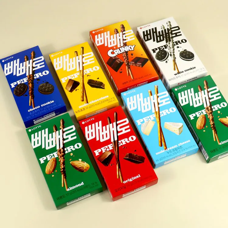 Lotte Pepero flavors lineup—almond, nude chocolate, white cookie, original—Korean chocolate biscuit sticks.