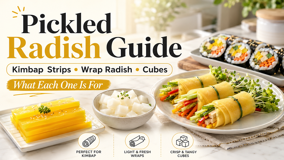 Bright pickled radish guide thumbnail showing yellow kimbap radish strips, white radish cubes, thin wrap radish rolls, kimbap, dipping sauce, sesame seeds, and title text about choosing the right type.