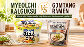 Nongshim Myeolchi Kalguksu vs Paldo Gomtang Noodles thumbnail in a bright morning kitchen, showing both cup ramen packages side by side with headline text asking which mild Korean noodle soup feels more like homemade comfort.