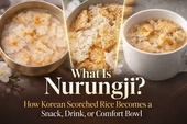 Premium landscape blog thumbnail showing Korean nurungji as a soft comfort bowl, crispy scorched rice snack, and warm drink in a polished collage.