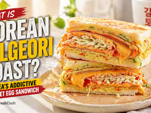 Bright landscape blog thumbnail for a Korean gilgeori toast article, featuring stacked halves of a toasted street egg sandwich with fluffy egg, shredded cabbage, ham, melted cheese, and ketchup-mayo layers on a plate in soft morning light, alongside bold headline text reading “What Is Korean Gilgeori Toast? Korea’s Addictive Street Egg Sandwich.”