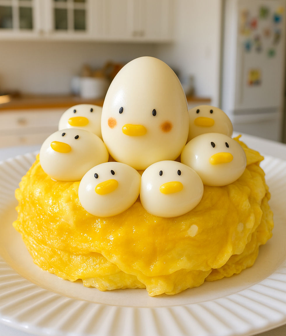 Close view in a home kitchen: fluffy omelette rice topped with a family of egg “chicks” on a white plate.