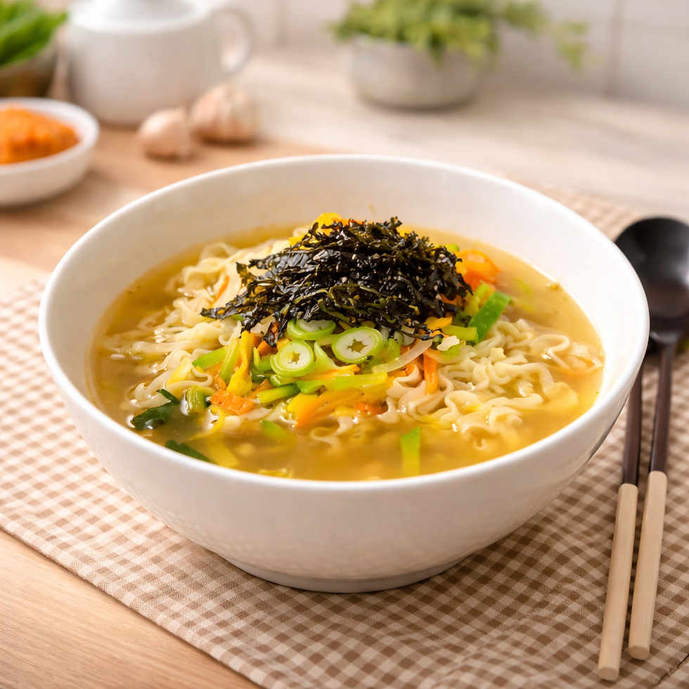 Bowl of Nongshim Myeolchi Kalguksu with light golden broth, soft wavy noodles, sliced green onion, julienned vegetables, and shredded seaweed, styled on a beige checkered cloth in a bright modern kitchen.
