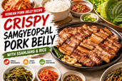 Bright Korean pork belly recipe thumbnail showing crispy samgyeopsal pieces on a grill pan with lettuce, perilla leaves, rice, ssamjang, kimchi, garlic, green chilies, banchan, and bold title text about crispy pork belly with ssamjang and rice.