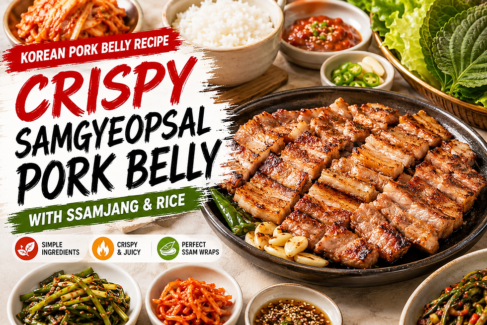 Bright Korean pork belly recipe thumbnail showing crispy samgyeopsal pieces on a grill pan with lettuce, perilla leaves, rice, ssamjang, kimchi, garlic, green chilies, banchan, and bold title text about crispy pork belly with ssamjang and rice.