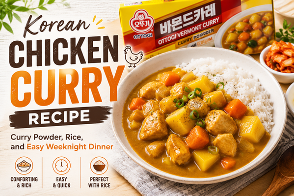 Wide landscape thumbnail titled “Korean Chicken Curry Recipe,” showing a bright Korean curry rice bowl with glossy golden curry sauce, bite-size chicken, potato, carrot, onion, and white rice. An Ottogi Vermont Curry Gold Hot package appears in the background, with kimchi and pickled radish on the side. The design highlights curry powder, rice, and an easy weeknight dinner.