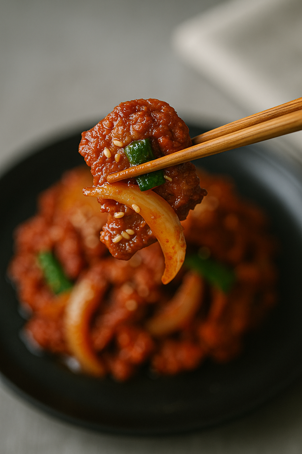 Chopsticks holding a saucy bite of jeyuk bokkeum—gochujang-coated pork with onion and scallion.