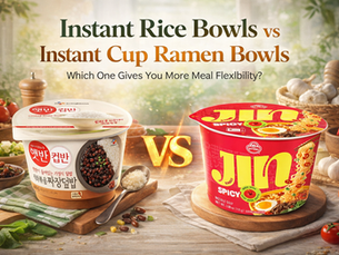 Comparison thumbnail showing a CJ instant rice bowl and an Ottogi Jin Spicy cup ramen bowl on a bright kitchen-style background with large headline text asking which offers more meal flexibility.