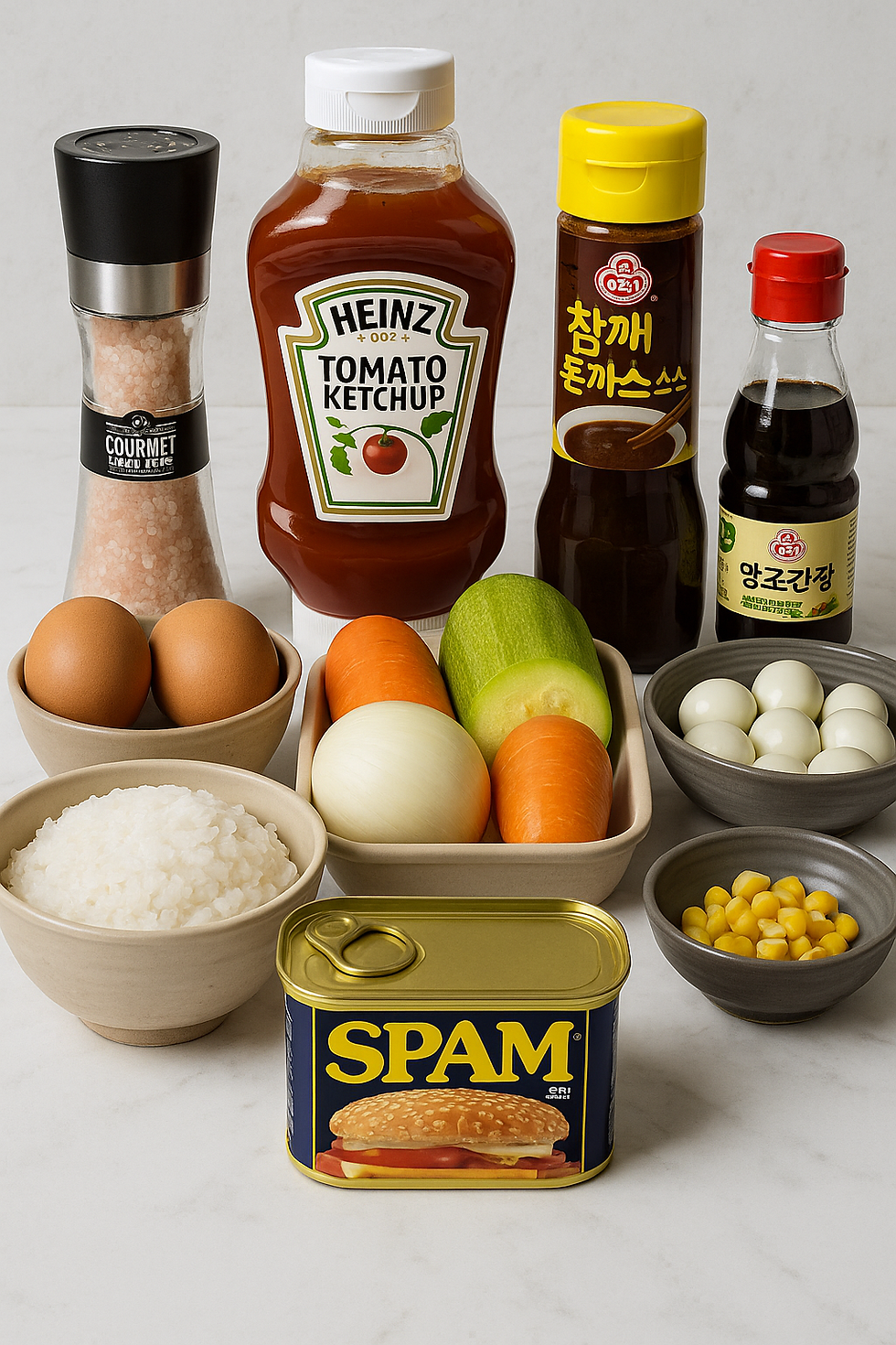 Ingredients lineup: Eggs, quail eggs, cooked rice, onion, carrot, zucchini, corn, Spam can, ketchup, tonkatsu sauce, soy sauce, and pink salt grinder on a counter.