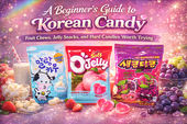 Thumbnail for “A Beginner’s Guide to Korean Candy” featuring Korean milk candy, peach jelly gummies, and grape-peach candy packages on a glossy pink and purple background with fruit and sparkling candy accents.