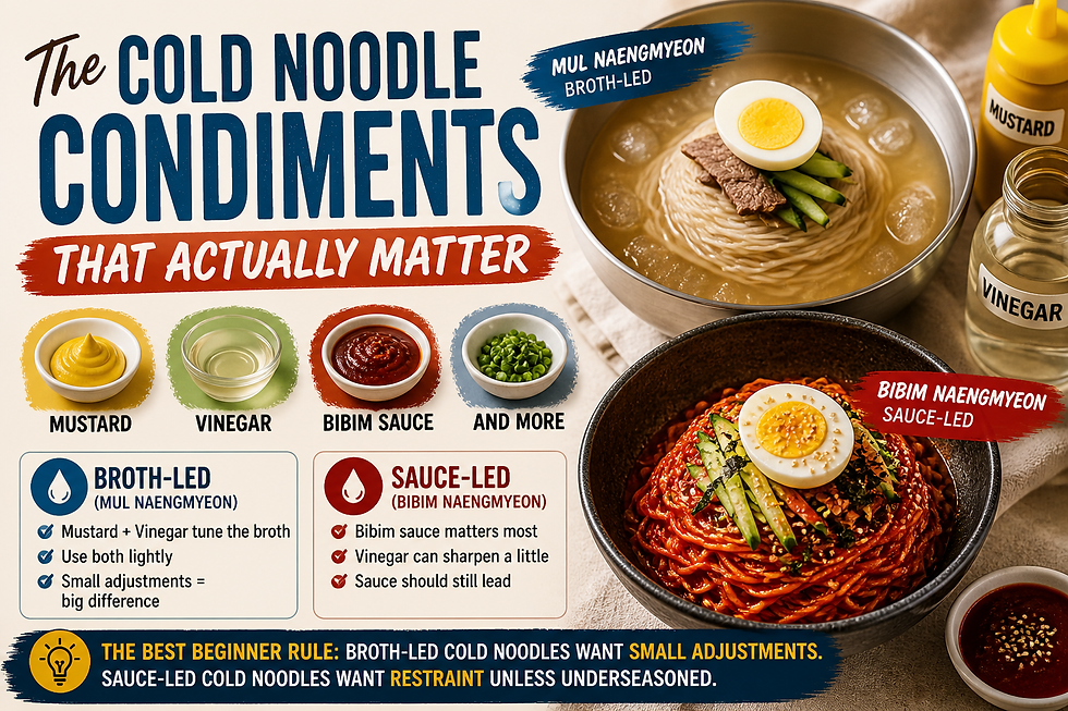 Premium cold noodle condiments thumbnail showing mul naengmyeon with mustard and vinegar, bibim naengmyeon with bibim sauce, and bold text explaining which condiments matter most.