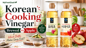 Korean cooking vinegar thumbnail comparing Chung Jung One cooking vinegar and apple vinegar bottles, with bold “Korean Cooking Vinegar” text, apples, cucumber side dish, and MyFreshDash branding.