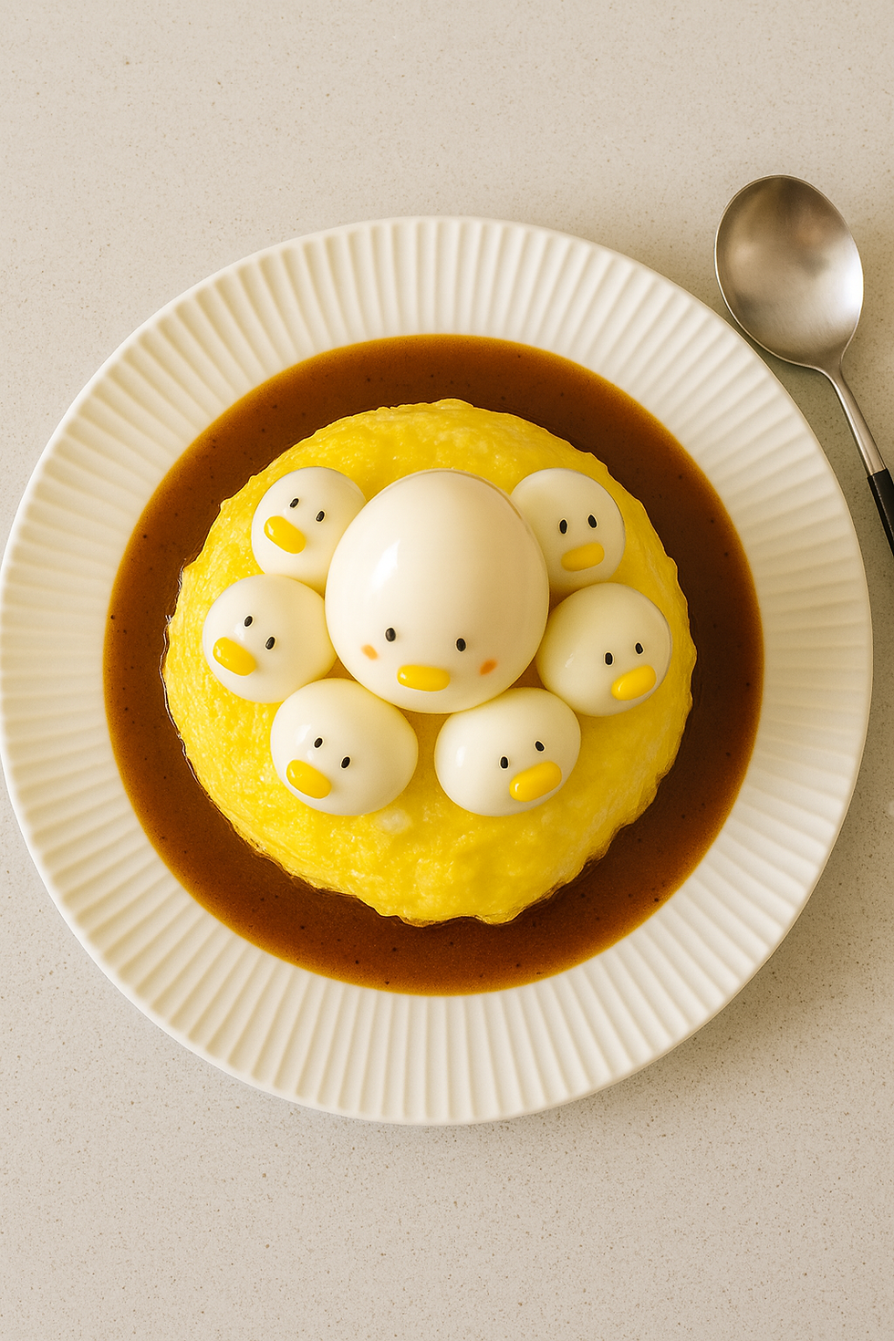 Top-down plate: omelette centered and ringed with katsu sauce; spoon at the upper right.