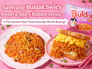 Pink blog thumbnail for a Samyang Buldak Swicy Sweet & Spicy Ramen review, featuring a plate of glossy spicy noodles with bacon and mushrooms, a ramen sandwich with egg and cheese, and the pink Buldak Swicy package, with bold title text asking if the sweet-heat twist is worth buying.”