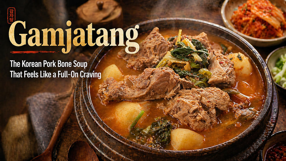 Steaming bowl of gamjatang, a Korean pork bone soup with tender pork, potatoes, and greens in a rustic earthenware pot, with kimchi in the background and the headline “Gamjatang: The Korean Pork Bone Soup That Feels Like a Full-On Craving.”