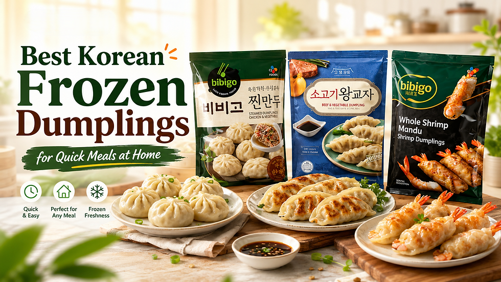 Bright frozen dumplings thumbnail showing steamed chicken and vegetable dumplings, beef and vegetable dumplings, whole shrimp mandu, product packages, dipping sauce, and title text about the best Korean frozen dumplings for quick meals at home.