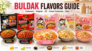 Landscape Buldak ramen flavors guide showing five main packages and matching noodle bowls for Carbonara, Original, 2X Spicy, Cream Carbonara, and Rose, with flavor notes and heat level badges.