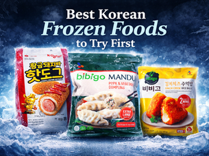 Best Korean frozen foods to try first featuring crispy hotdog, Bibigo dumplings, and kimchi cheese rice balls displayed on icy background