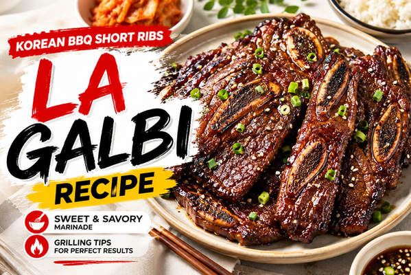 LA galbi recipe thumbnail showing glossy Korean BBQ short ribs with caramelized grill marks, sesame seeds, scallions, kimchi, rice, dipping sauce, and bold title text for sweet-savory short ribs.