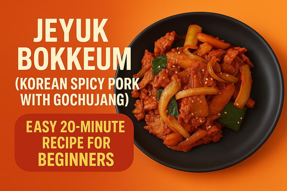 Hero thumbnail: Jeyuk Bokkeum—Korean spicy pork in gochujang sauce on a black plate; text overlay “Easy 20-Minute Recipe”.