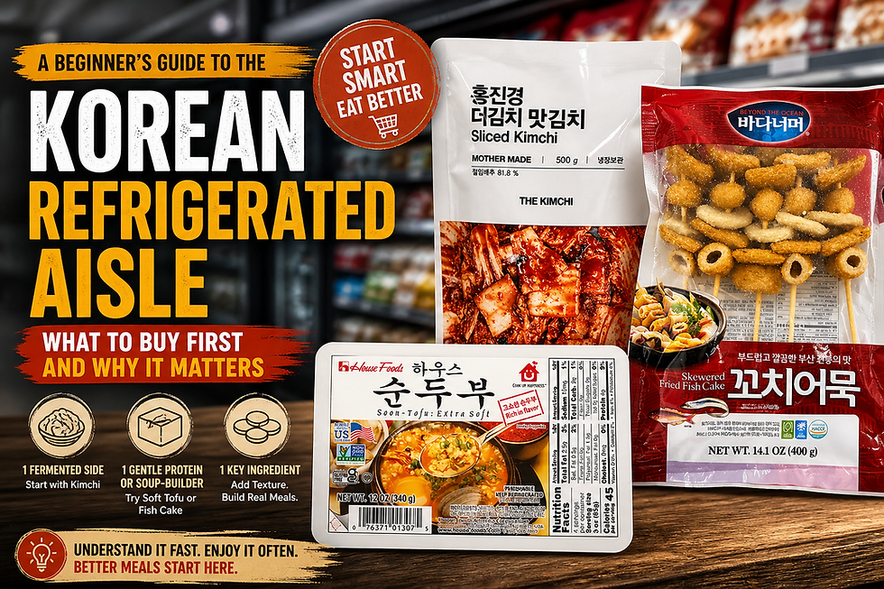Premium blog thumbnail showing Korean refrigerated aisle starter items, including sliced kimchi, soft tofu, and skewered fried fish cake packaging, with bold text reading “Korean Refrigerated Aisle: What to Buy First and Why It Matters.”