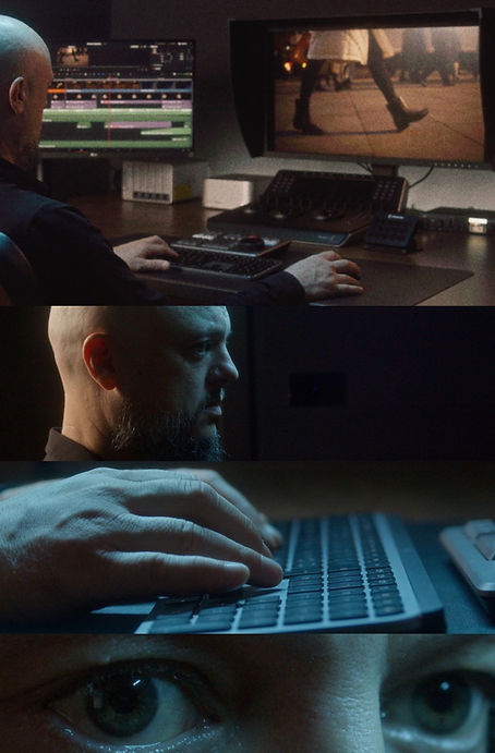 Montatore lavora a un progetto video su workstation con più monitor e software di post-produzione.