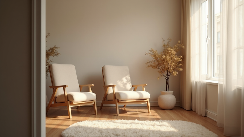 Eye-level view of a cozy therapy room with a comfortable chair and soft lighting