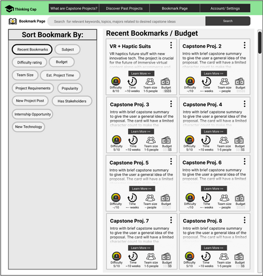 This is a bookmark page where users can sort through saved capstone projects to revisit the page or sort through capstone candidates. Knowing that users won't be deciding on the first project that they see, I tried to make it easy to sort through the project cards by showing various tags to sort by. Some of the design is inspired by the Clip Studio Paint program with their filter feature to organize digital paint brush assets. I found this sorting method extremely useful especially when too many items were saved over long browsing sessions.