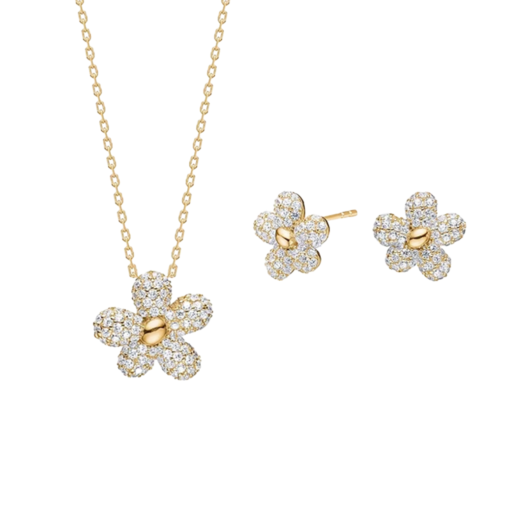 Flower Pheobenor Necklace & Earring Set - Gold Plated