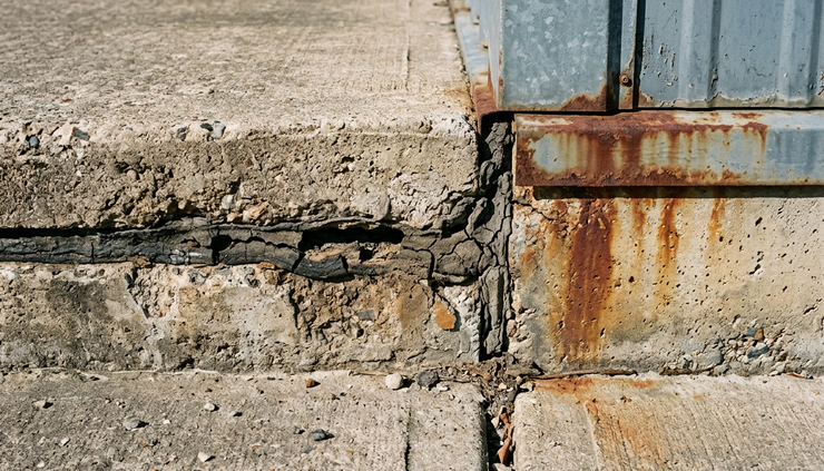 Close-up of cracked concrete joint near the base of a metal building